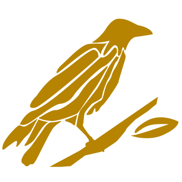 Gold silhouette of a bird on a branch with a leaf on a white background