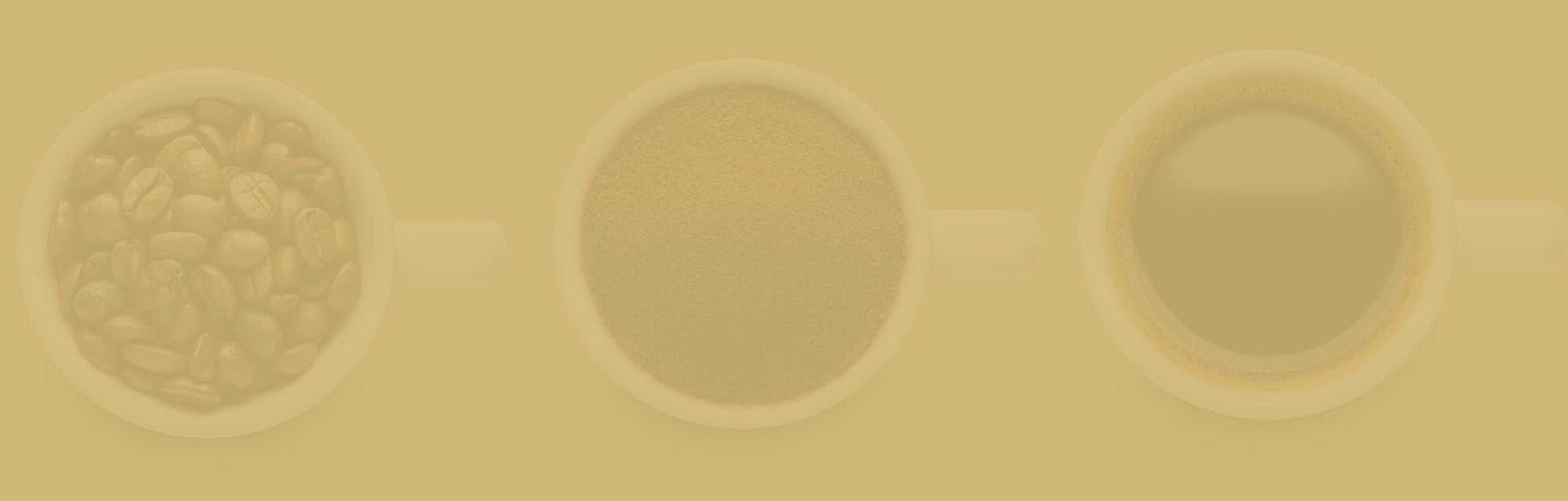 3 cups filled with coffee beans, coffee grounds, and coffee